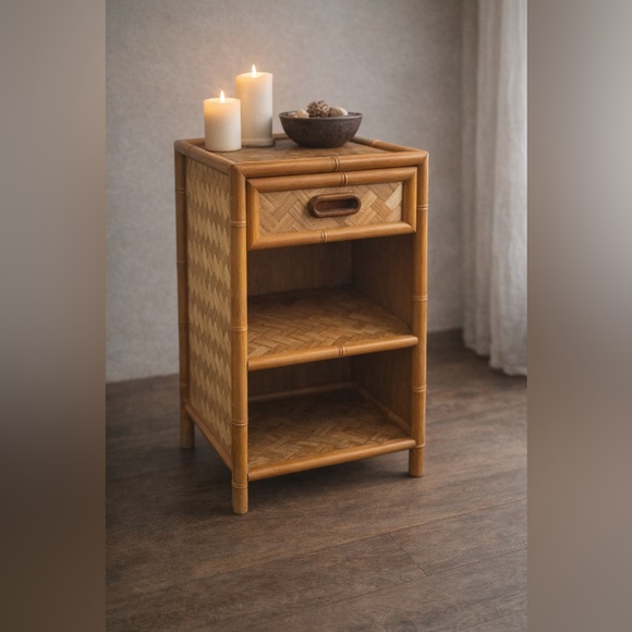 BOHO Vintage Bamboo Rattan Side Table 19” Nightstand Entryway • Lightweight - Picture 3 of 16